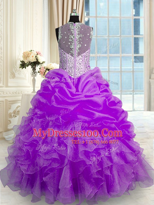 Lilac Sleeveless Floor Length Beading and Ruffles Zipper Vestidos de Quinceanera