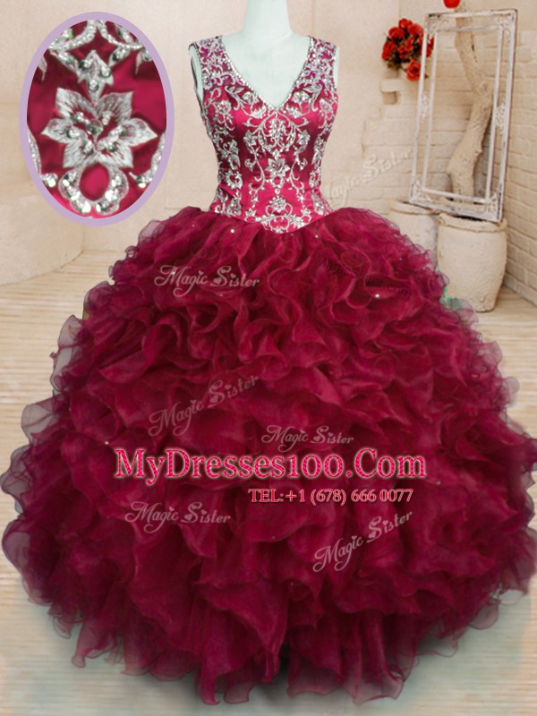 Elegant V-neck Sleeveless 15th Birthday Dress Floor Length Beading and Embroidery and Ruffles Wine Red Organza
