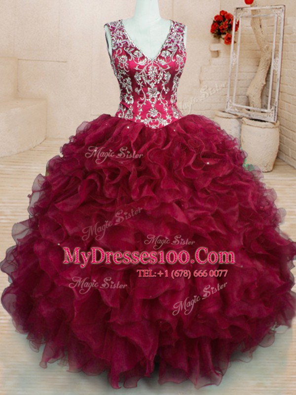 Elegant V-neck Sleeveless 15th Birthday Dress Floor Length Beading and Embroidery and Ruffles Wine Red Organza