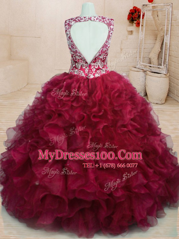 Elegant V-neck Sleeveless 15th Birthday Dress Floor Length Beading and Embroidery and Ruffles Wine Red Organza