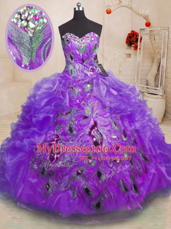 Custom Designed Purple Organza Zipper Sweetheart Sleeveless Floor Length Ball Gown Prom Dress Beading and Appliques and Ruffles
