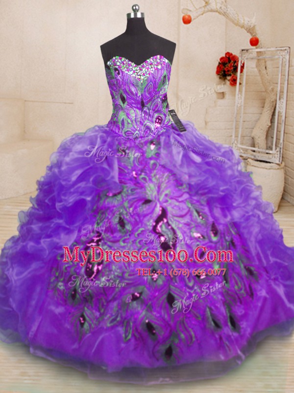 Custom Designed Purple Organza Zipper Sweetheart Sleeveless Floor Length Ball Gown Prom Dress Beading and Appliques and Ruffles