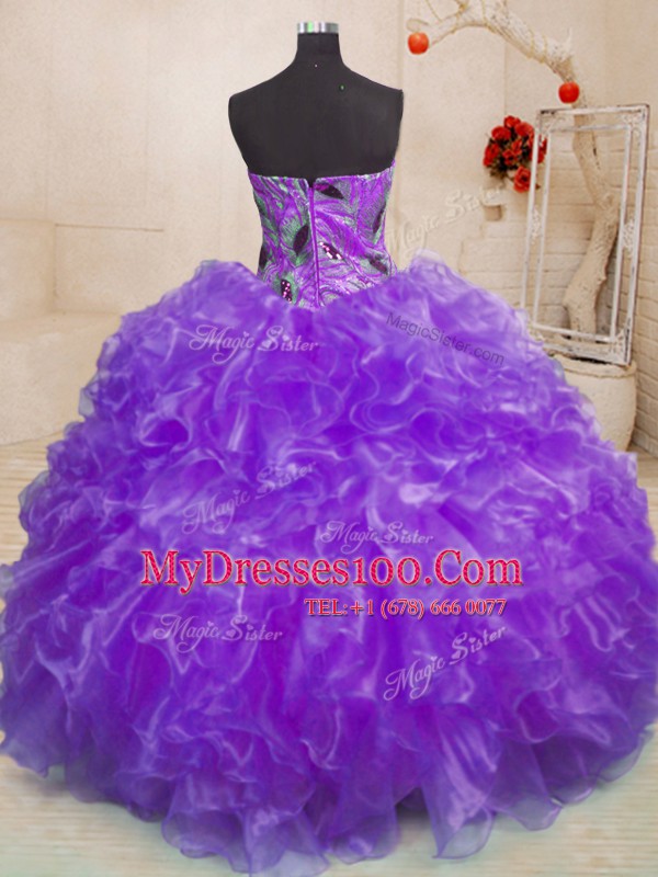 Custom Designed Purple Organza Zipper Sweetheart Sleeveless Floor Length Ball Gown Prom Dress Beading and Appliques and Ruffles
