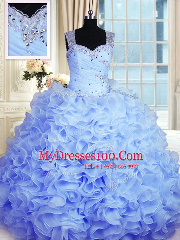 Shining Baby Blue Sweetheart Zipper Beading and Ruffles Sweet 16 Dress Sleeveless