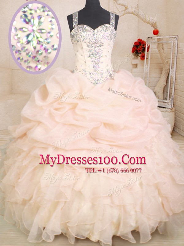 Sleeveless Organza Floor Length Zipper Quinceanera Gowns in Pink with Beading and Ruffles and Pick Ups