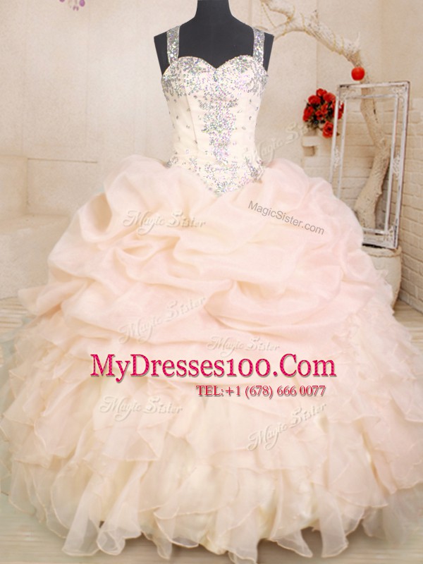 Sleeveless Organza Floor Length Zipper Quinceanera Gowns in Pink with Beading and Ruffles and Pick Ups