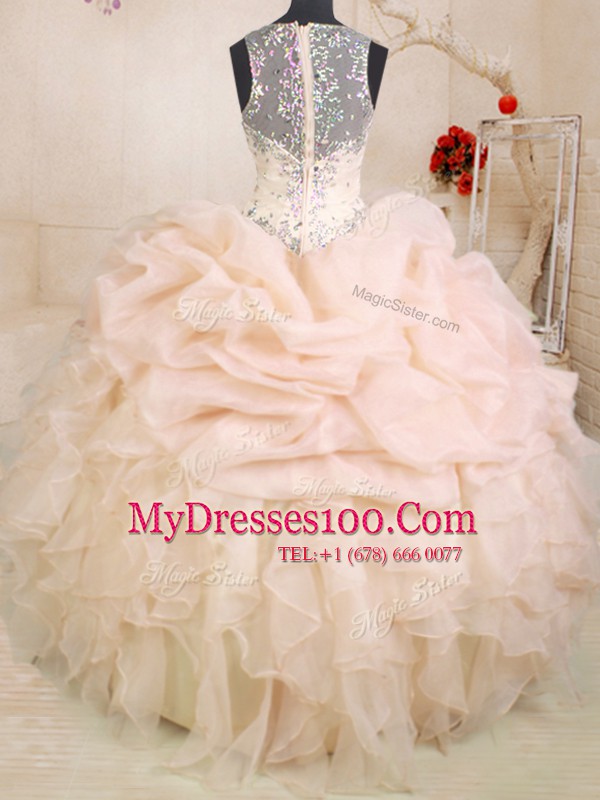 Sleeveless Organza Floor Length Zipper Quinceanera Gowns in Pink with Beading and Ruffles and Pick Ups
