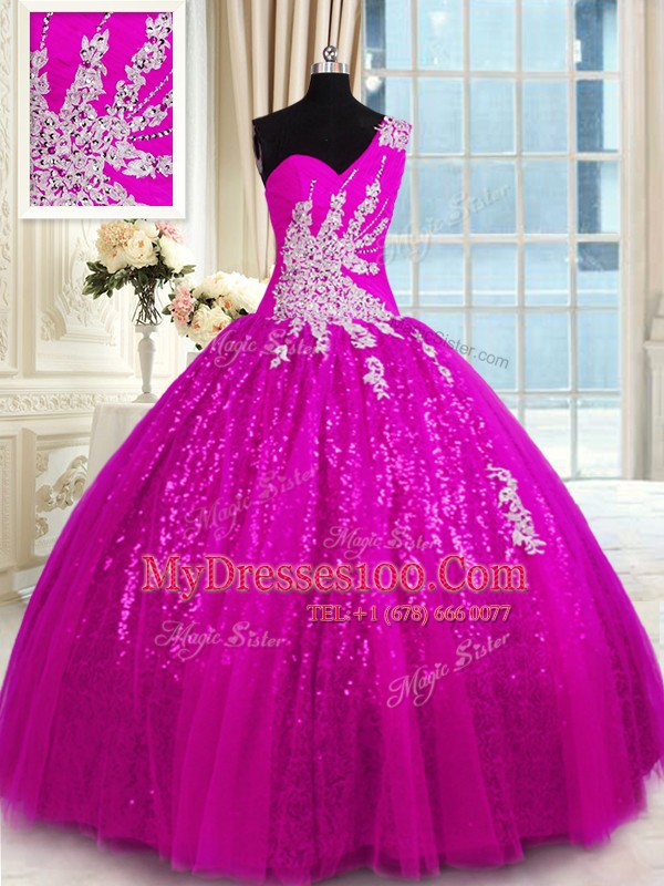 One Shoulder Floor Length Fuchsia Vestidos de Quinceanera Lace Sleeveless Appliques