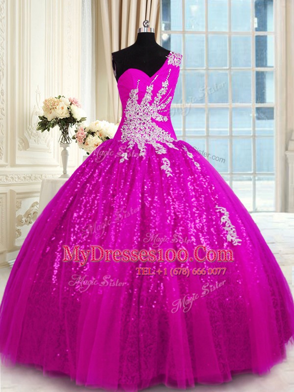 One Shoulder Floor Length Fuchsia Vestidos de Quinceanera Lace Sleeveless Appliques