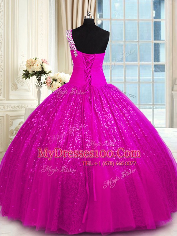 One Shoulder Floor Length Fuchsia Vestidos de Quinceanera Lace Sleeveless Appliques