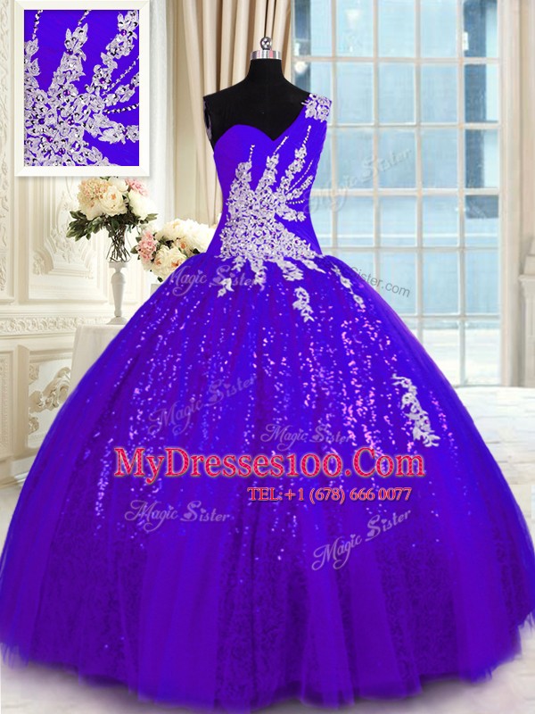 Flirting Purple One Shoulder Neckline Appliques Quinceanera Gowns Sleeveless Lace Up
