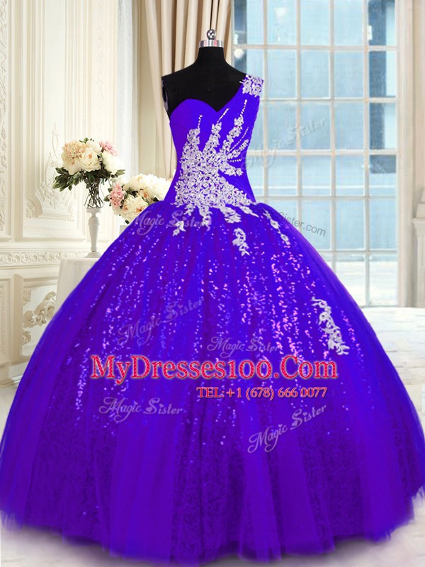 Flirting Purple One Shoulder Neckline Appliques Quinceanera Gowns Sleeveless Lace Up