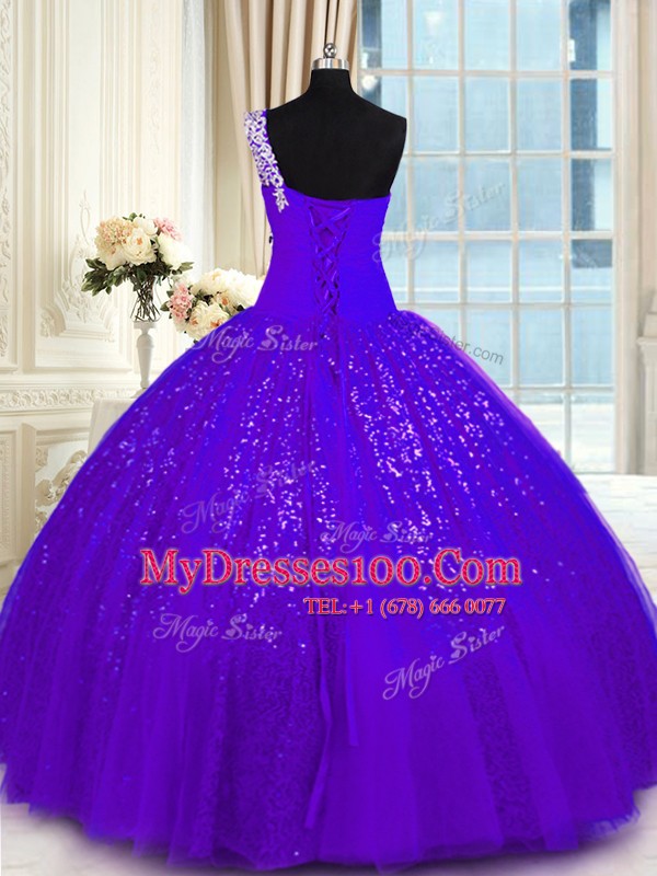 Flirting Purple One Shoulder Neckline Appliques Quinceanera Gowns Sleeveless Lace Up