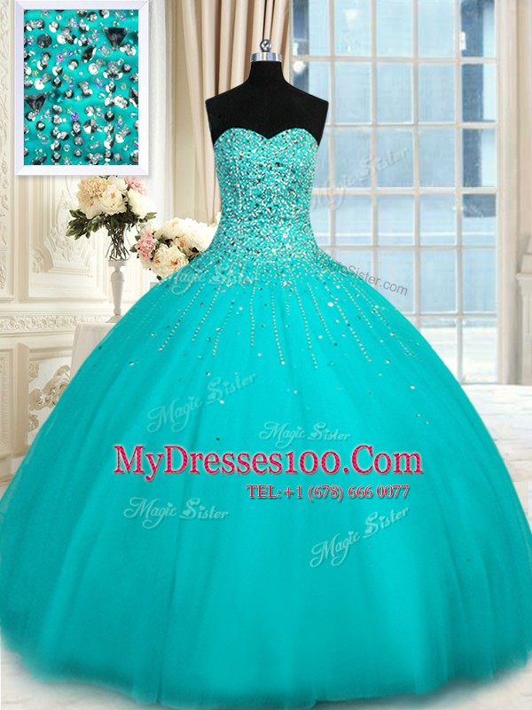 Eye-catching Aqua Blue Quinceanera Dress Military Ball and Sweet 16 and Quinceanera and For with Beading Sweetheart Sleeveless Lace Up