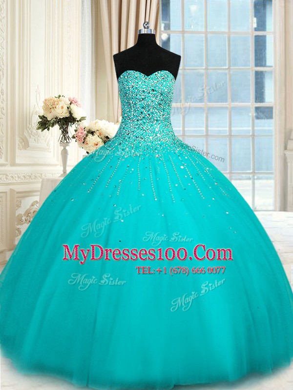 Eye-catching Aqua Blue Quinceanera Dress Military Ball and Sweet 16 and Quinceanera and For with Beading Sweetheart Sleeveless Lace Up
