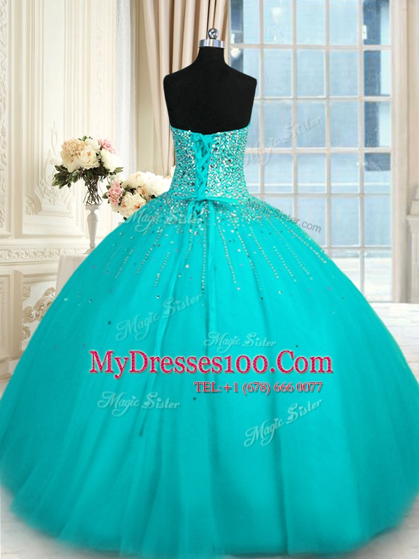 Eye-catching Aqua Blue Quinceanera Dress Military Ball and Sweet 16 and Quinceanera and For with Beading Sweetheart Sleeveless Lace Up
