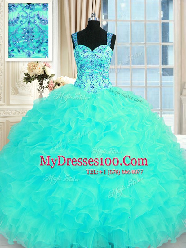 Excellent Ball Gowns Sweet 16 Dress Aqua Blue Straps Organza Sleeveless Floor Length Lace Up