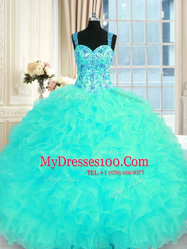 Excellent Ball Gowns Sweet 16 Dress Aqua Blue Straps Organza Sleeveless Floor Length Lace Up