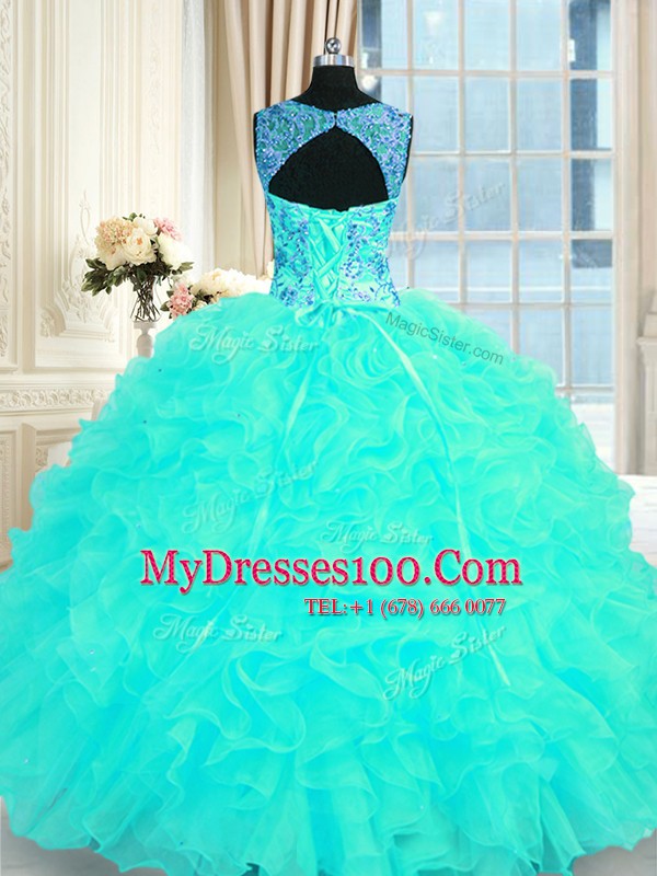 Excellent Ball Gowns Sweet 16 Dress Aqua Blue Straps Organza Sleeveless Floor Length Lace Up