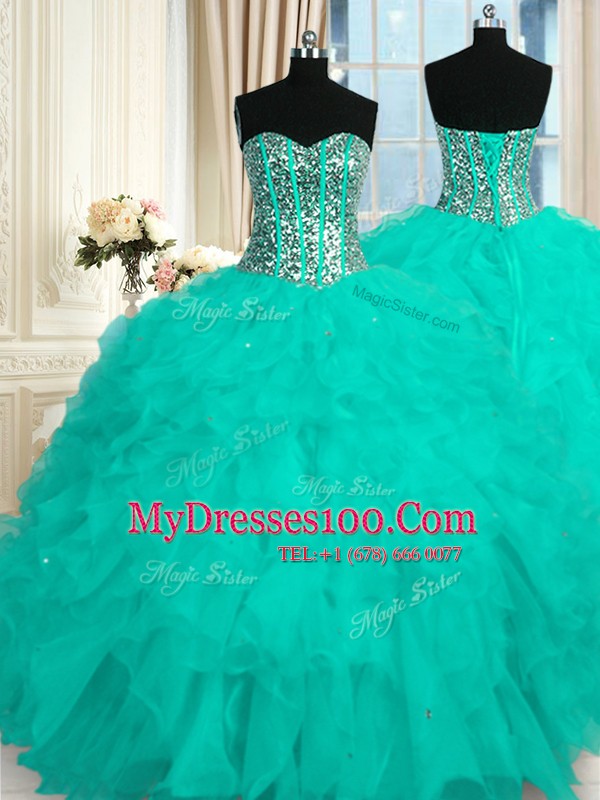 Modest Aqua Blue Quinceanera Gown Military Ball and Sweet 16 and Quinceanera and For with Beading and Ruffles Sweetheart Sleeveless Lace Up