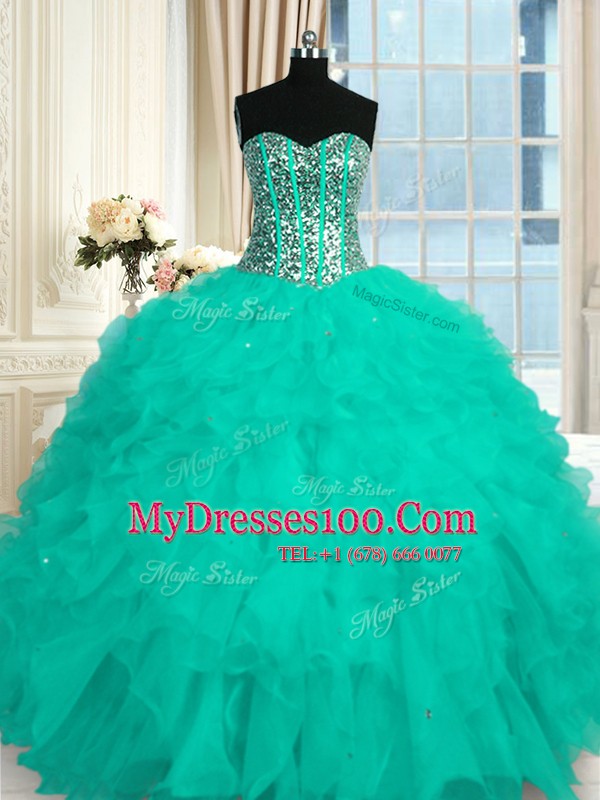 Modest Aqua Blue Quinceanera Gown Military Ball and Sweet 16 and Quinceanera and For with Beading and Ruffles Sweetheart Sleeveless Lace Up