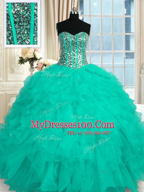 Modest Aqua Blue Quinceanera Gown Military Ball and Sweet 16 and Quinceanera and For with Beading and Ruffles Sweetheart Sleeveless Lace Up