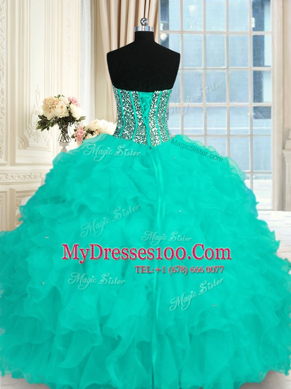 Modest Aqua Blue Quinceanera Gown Military Ball and Sweet 16 and Quinceanera and For with Beading and Ruffles Sweetheart Sleeveless Lace Up
