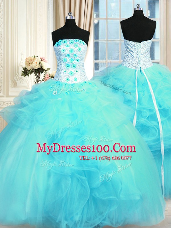 Aqua Blue Quinceanera Gowns Military Ball and Sweet 16 and Quinceanera and For with Pick Ups and Hand Made Flower Strapless Sleeveless Lace Up