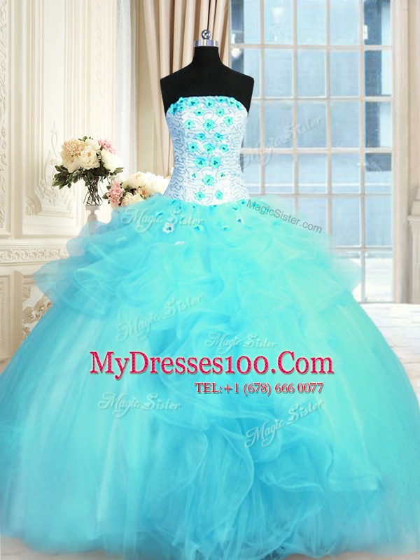 Aqua Blue Quinceanera Gowns Military Ball and Sweet 16 and Quinceanera and For with Pick Ups and Hand Made Flower Strapless Sleeveless Lace Up