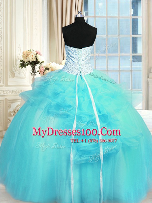 Aqua Blue Quinceanera Gowns Military Ball and Sweet 16 and Quinceanera and For with Pick Ups and Hand Made Flower Strapless Sleeveless Lace Up