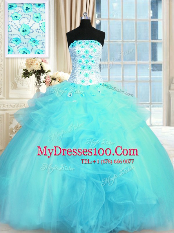 Aqua Blue Quinceanera Gowns Military Ball and Sweet 16 and Quinceanera and For with Pick Ups and Hand Made Flower Strapless Sleeveless Lace Up
