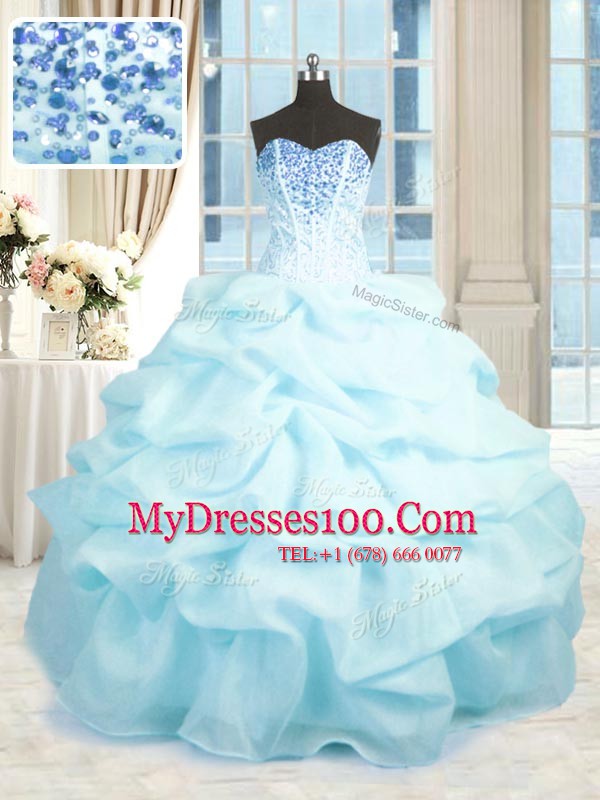 Sweetheart Sleeveless 15 Quinceanera Dress Floor Length Beading and Ruffles Baby Blue Organza