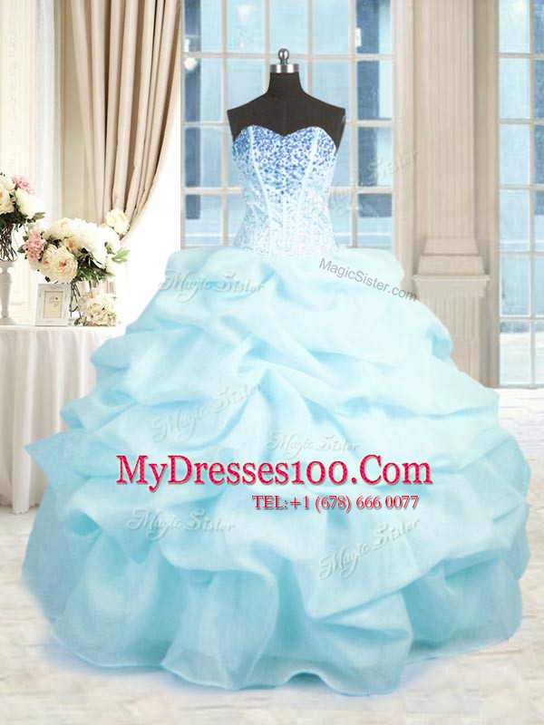 Sweetheart Sleeveless 15 Quinceanera Dress Floor Length Beading and Ruffles Baby Blue Organza