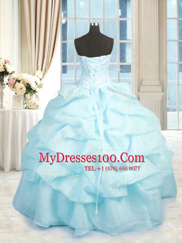 Sweetheart Sleeveless 15 Quinceanera Dress Floor Length Beading and Ruffles Baby Blue Organza