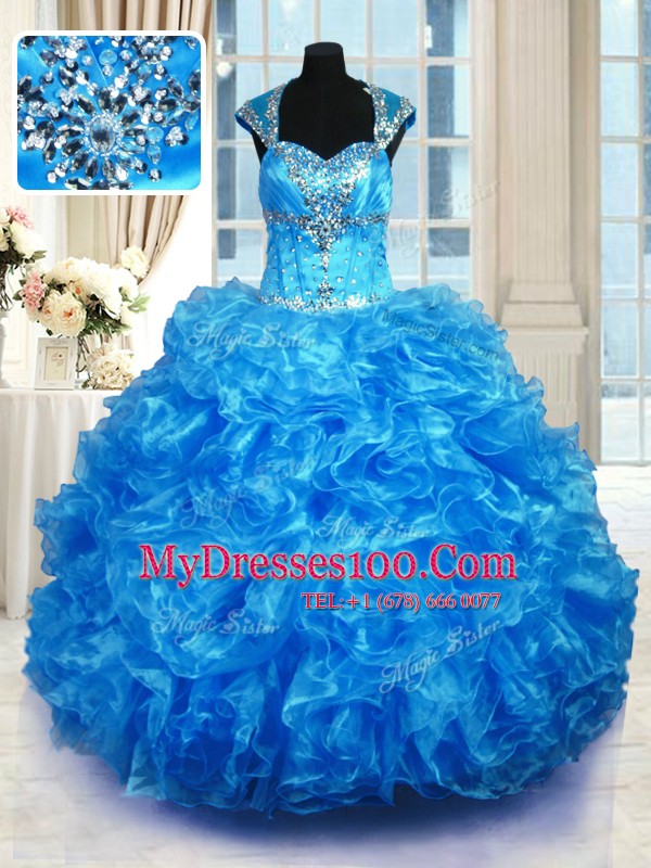 Lovely Floor Length Ball Gowns Cap Sleeves Baby Blue 15 Quinceanera Dress Lace Up