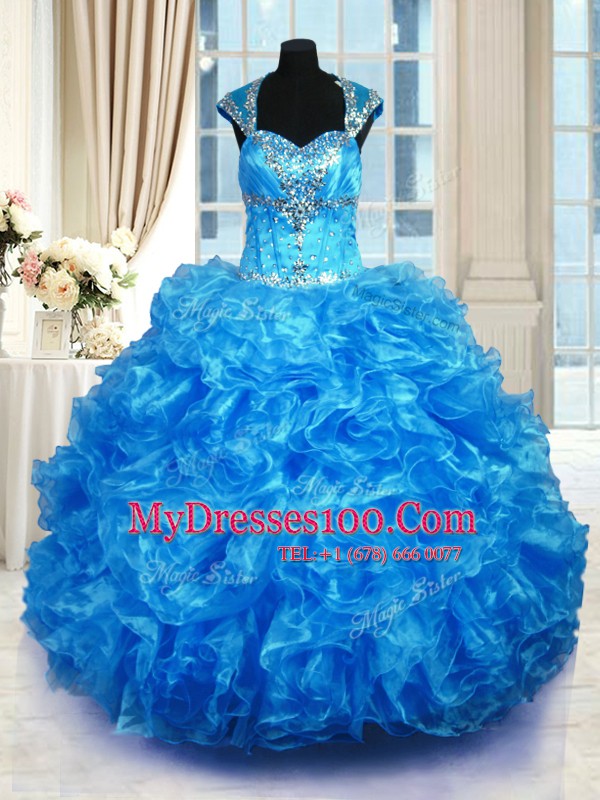 Lovely Floor Length Ball Gowns Cap Sleeves Baby Blue 15 Quinceanera Dress Lace Up