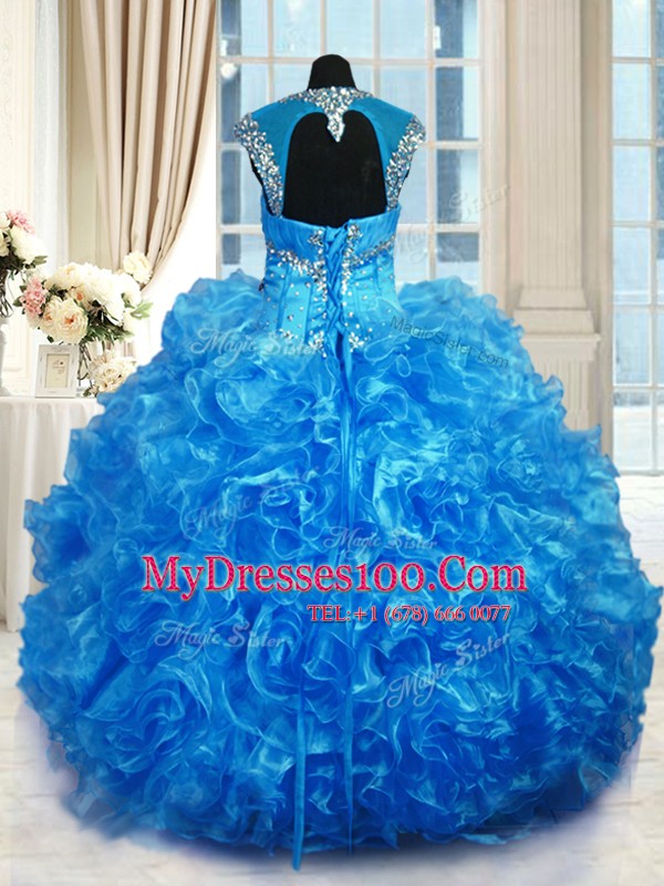 Lovely Floor Length Ball Gowns Cap Sleeves Baby Blue 15 Quinceanera Dress Lace Up
