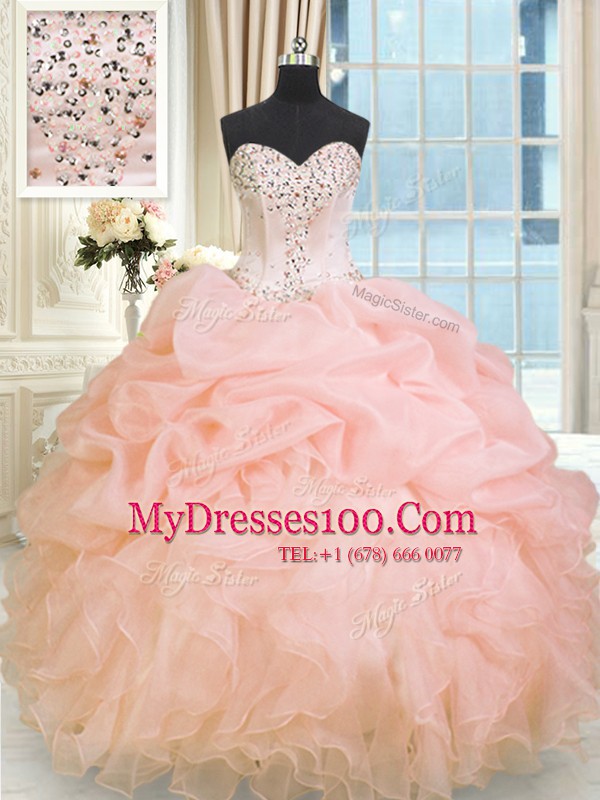 Sweetheart Sleeveless Lace Up 15th Birthday Dress Baby Pink Organza