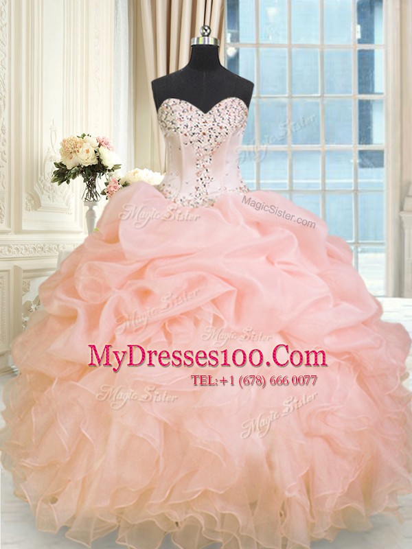 Sweetheart Sleeveless Lace Up 15th Birthday Dress Baby Pink Organza