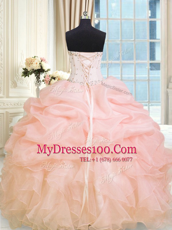 Sweetheart Sleeveless Lace Up 15th Birthday Dress Baby Pink Organza
