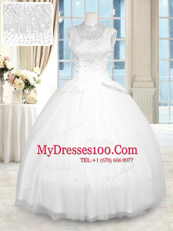 Floor Length White Sweet 16 Quinceanera Dress Tulle Sleeveless Beading
