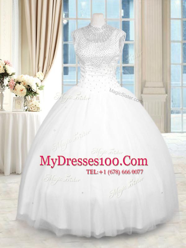 Floor Length White Sweet 16 Quinceanera Dress Tulle Sleeveless Beading