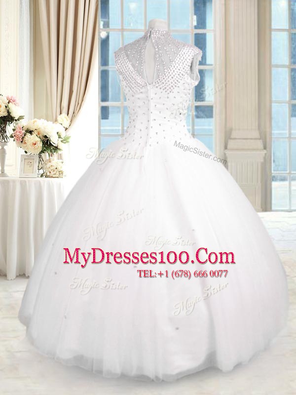Floor Length White Sweet 16 Quinceanera Dress Tulle Sleeveless Beading