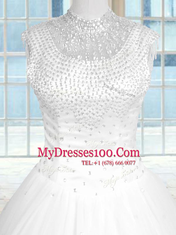 Floor Length White Sweet 16 Quinceanera Dress Tulle Sleeveless Beading