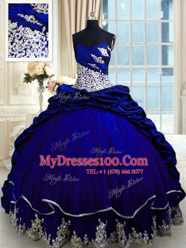 Customized Lace Up Vestidos de Quinceanera Royal Blue for Military Ball and Sweet 16 and Quinceanera with Beading and Appliques and Pick Ups Brush Train