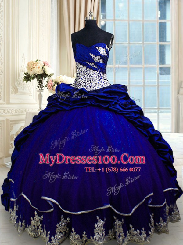 Customized Lace Up Vestidos de Quinceanera Royal Blue for Military Ball and Sweet 16 and Quinceanera with Beading and Appliques and Pick Ups Brush Train