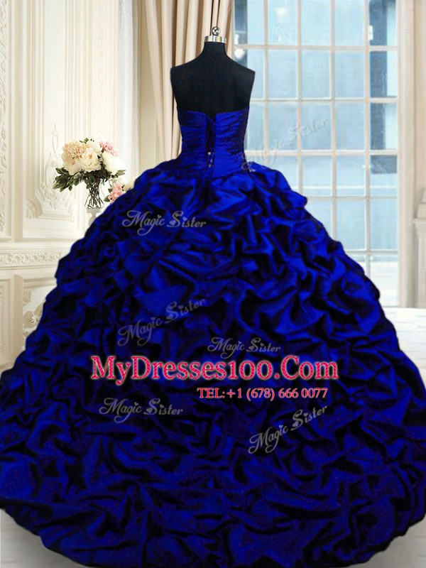 Customized Lace Up Vestidos de Quinceanera Royal Blue for Military Ball and Sweet 16 and Quinceanera with Beading and Appliques and Pick Ups Brush Train