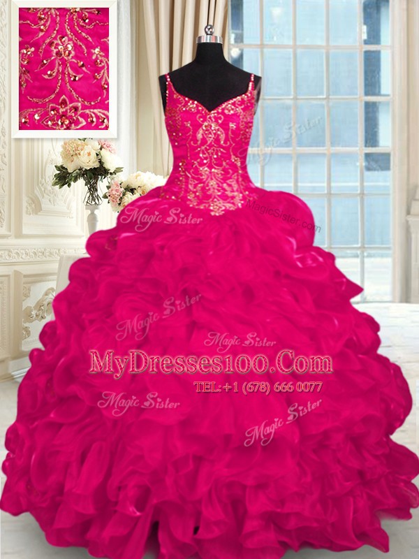 Hot Selling Organza Spaghetti Straps Sleeveless Brush Train Lace Up Beading and Embroidery and Ruffles Quinceanera Gowns in Hot Pink