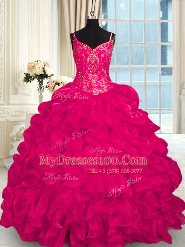 Hot Selling Organza Spaghetti Straps Sleeveless Brush Train Lace Up Beading and Embroidery and Ruffles Quinceanera Gowns in Hot Pink
