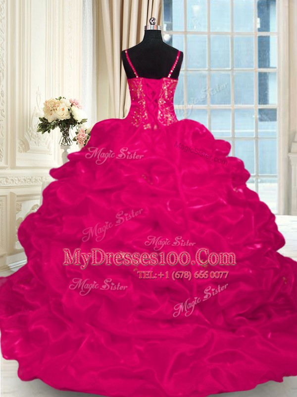 Hot Selling Organza Spaghetti Straps Sleeveless Brush Train Lace Up Beading and Embroidery and Ruffles Quinceanera Gowns in Hot Pink